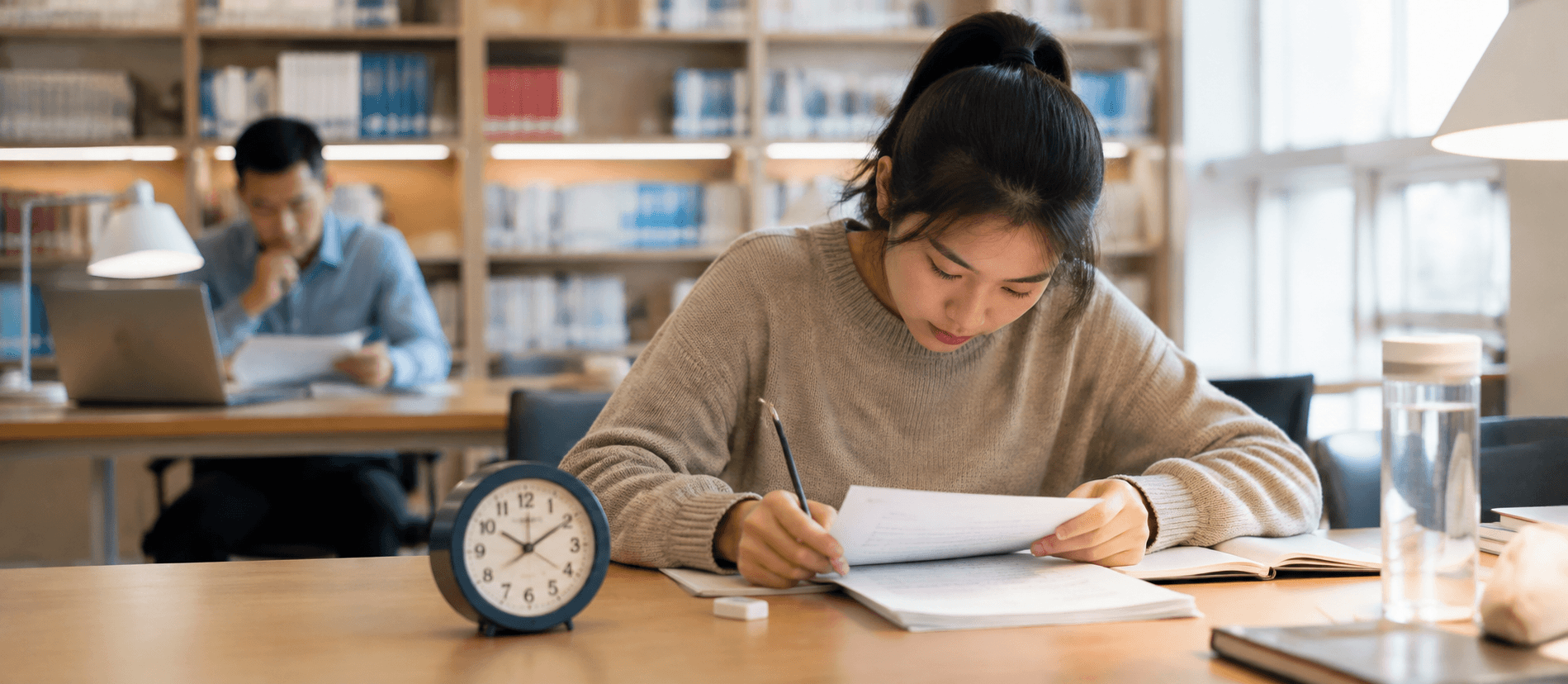 入学测评:学生专注备考书写
